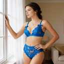 Women's Floral Lace Bra and Panty 2 Piece Lingerie Set Sexy V Neck Adjustable Strap Hollow Out Sheer Sleepwear (M)