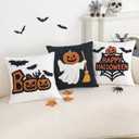 Jonhier Halloween Decorative White Throw Pillow Cover, Fall Embroidered Pumpkin Pillowcase for Sofa Couch Bed, Textured Bat Pattern Thanksgiving Cushion Home Decor (Happy Halloween, 18 x 18)