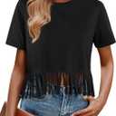 Remidoo Fringe Tops for Women Short Sleeve Crop Top T Shirt Western Cowgirl Cropped Tee (Black, S)