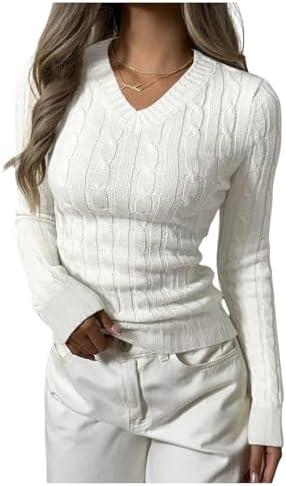 Verdusa Women's Cable Knit Sweater V Neck Long Sleeve Fitted Pullover Tops Business Casual Fall Outfits XXS