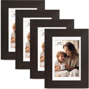 FinalFind 4x6 Picture Frame with Mat for 3.5x5, Black Wood Grain Picture Frames Display on Tabletop or Wall Mounting (4 Pack,Black)