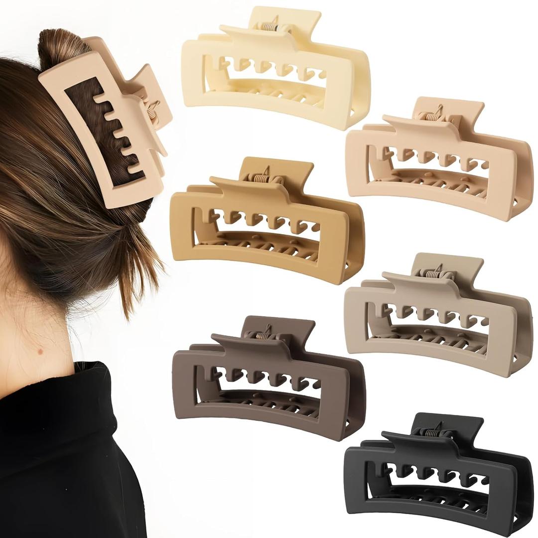 6 PCS Rectangle Hair Clips for Women and girls, 4.1 Inch Extra Large Claw Clips for Thick Thin Hair, Strong Hold Non Slip Big Square Banana Jaw Clips Hair Accessories, Neutral Color