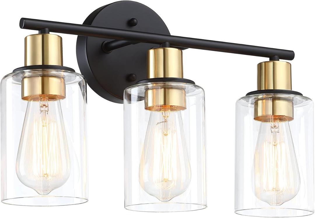 3-Light Black & Gold Vanity Light Over Mirror, Bathroom Wall Light Fixtures with Clear Glass Shade Including E26 Medium Base, Bulb NOT Included