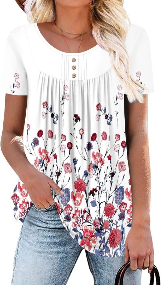 BETTE BOUTIK Women's Summer Tunic Tops Flowy Flare Botton Down Shirts Blouses S-3XL (01-whitecarnation)