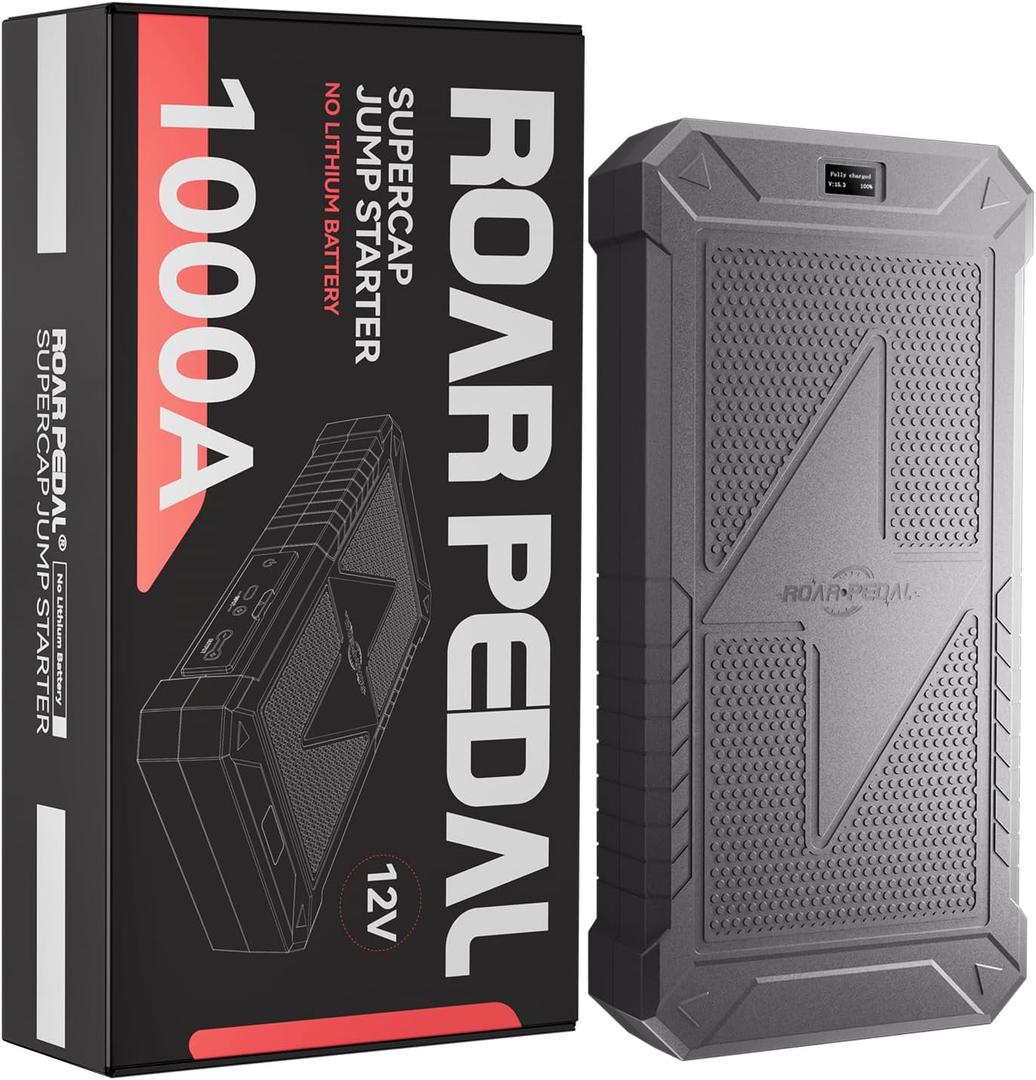 Roar Pedal Super Capacitor Jump Starter, No Need Pre-Charge No Battery 12V Portable Car Jump Starter for All 12V Gas and Diesel Car, Portable Jump Box with Display