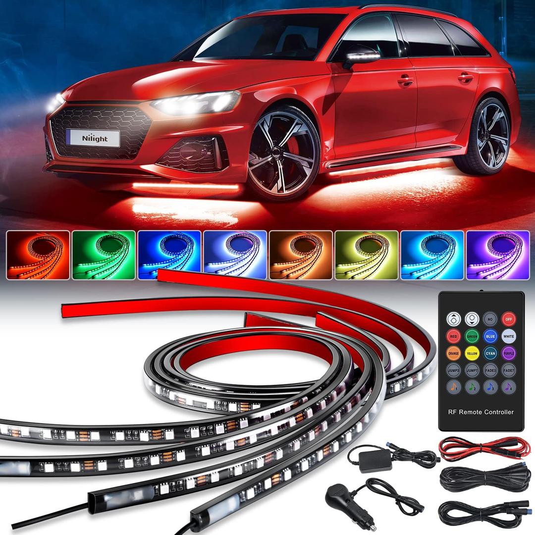 Nilight 4Pcs Car Underglow Neon Accent Strip Lights 252 LEDs RGB 8 Color Sound Active Function Music Mode with Wireless Remote Control Underbody Light Strips for Cars Van SUV Truck.