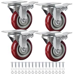 Finnhomy 4 Inch Caster Wheels Set of 4 with Brake Heavy Duty Plate Swivel Casters Premium Polyurethane Wheels PU Load Bearing 2,600 Lbs Lockable Anti-wear Smooth Casters Red (Free Screws)