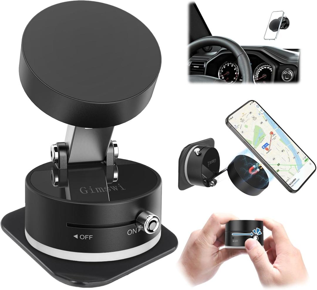Vacuum Magnetic Phone Holder with Metal Ring Compatible with iPhone Samsung All Phone, Portable Universal Collapsible Magnetic Phone Stand for Gym Car Mount with Windshield Suction Cup