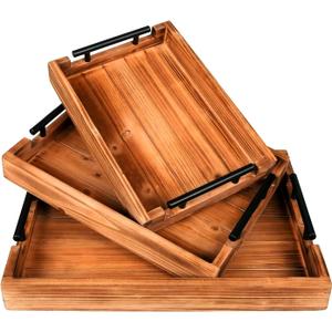 Coffee Table Tray Decorative Nested Vintage Wood Serving Tray Set for Eating, Breakfast, Party, Kitchen, Ottoman,Tea Coffee Table Large Ottoman Trays (Wood, 3Pc) (Brown)