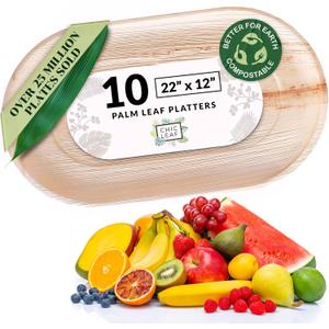 Chic Leaf All Natural Compostable & Disposable Rectangular 22" x 12" Palm Leaf Tray - Party Charcuterie Board & Wedding Appetizers - Palm Leaf Platter Bamboo Party Plates (10 pc)