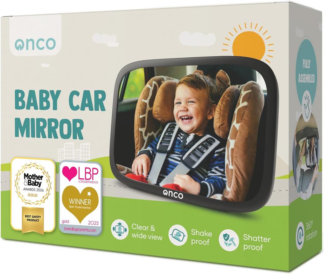 Onco Baby Car Mirror Rear Facing - Double Award-Winning Convex Car Mirror for Baby, 100% Shatterproof & Shakeproof with 360 Rotation, Newborn Essentials (9.6 x 6.9 in)
