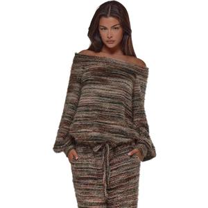 MakeMeChic Women's Striped Off The Shoulder Sweater Fuzzy Long Sleeve Knitted Pullover Tops (Gray) M