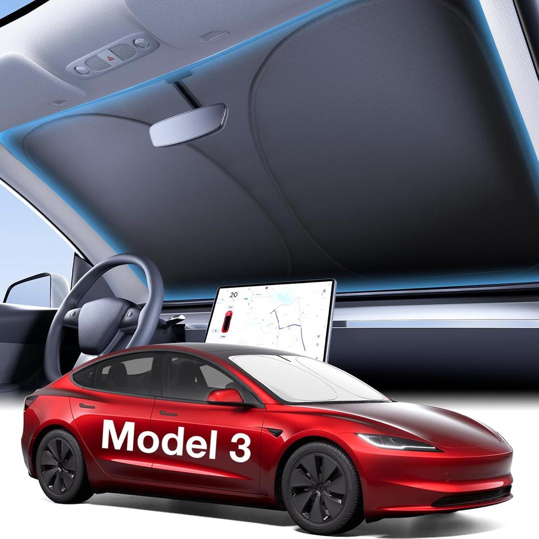 Wigoo 2025 Upgraded Accessories Tesla Model 3 Windshield Sunshade [OEM Design, 100% Sun Blockage] Foldable Heat Insulation Sun Shade with Storage Bag, for Tesla Model 3 2016~2026, Silver Coating