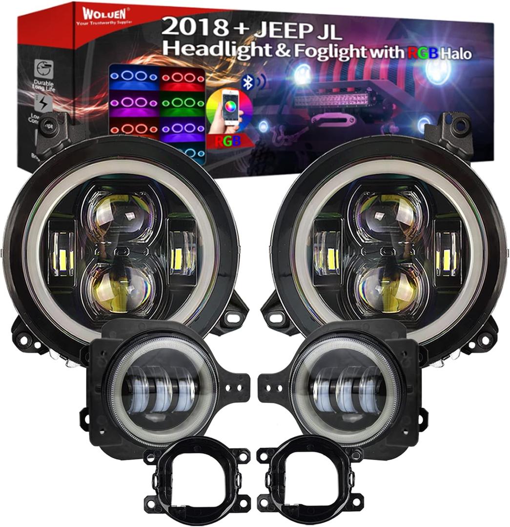 For Je ep JL Halo Headlights and Fog Lights Combo - Super Bright 9 Inch LED Halo Headlights, 4 inch Fogs For 2018 - 2023+ Wrangler JL Sahara Rubicon 2020-2023+ Gladiator JT