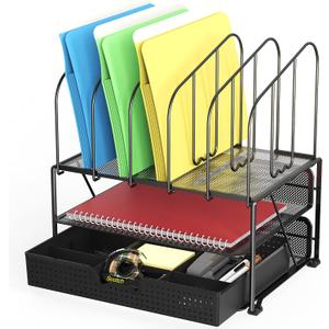 Deco Brothers Mesh Desk Organizer with Double Tray, 5 Upright Sections and Sliding Drawer, Black