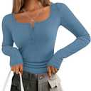 ZESICA Women's Long Sleeve Button Ribbed Shirts Spring Scoop Neck Casual Henly Tops, M