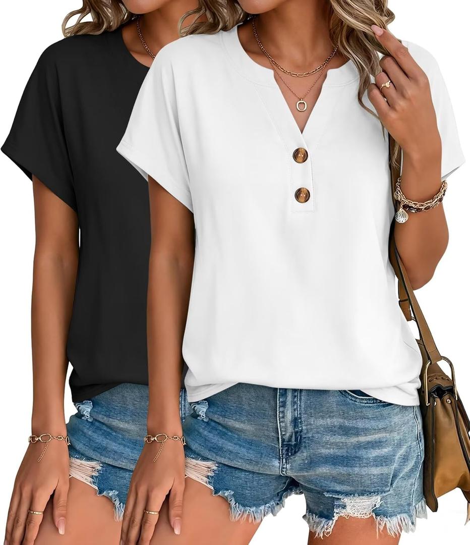 2 Pack Womens T Shirts V Neck Short Sleeve Henley Tops Work Business Casual Blouses Summer Dressy Casual Clothes (Large)