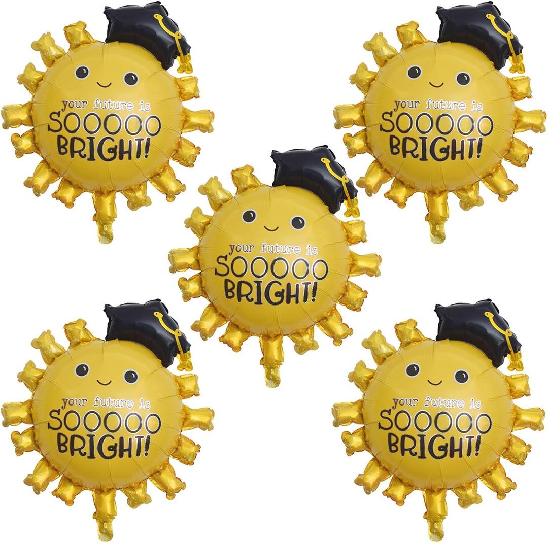 Graduation Party Balloons 30 Inch Gold Sun Foil Balloons Smile Sun Mylar Balloons for 2026 Graduation Party Birthday Party Decorations Supplies - 5Pcs