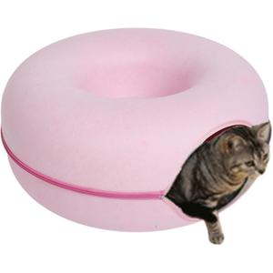 Cat Cave,Cat Tunnel Bed for Indoor Cats,Cat Donut Tunnel for Pet Cat House,Detachable Round Cat Felt & Washable Interior Cat Play Tunnel (Pink,Small)