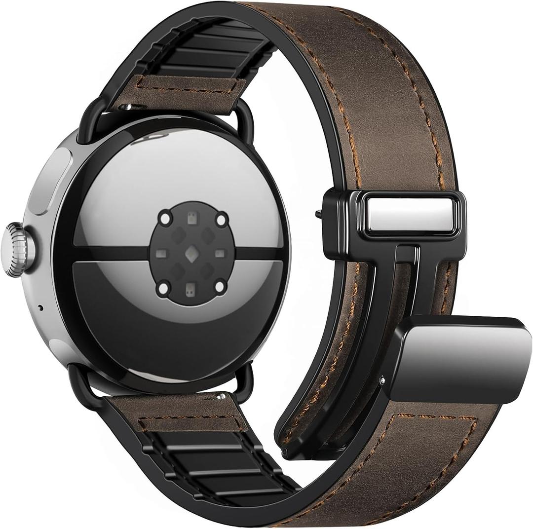 Magnetic Leather Bands Compatible with Google Pixel Watch 4/3 45mm Band, Genuine Leather Wristband Replacement Strap for Pixel Watch Band 45mm Men Women, Upgraded All-Metal Connector