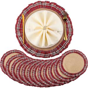 12 Set Round Christmas Plaid Placemats 15.7 Inch Christmas Checkered Tartan Table Mats Xmas Faux Burlap Fabric Table Mats for Xmas Holiday Dinner Party Decoration(Red White)