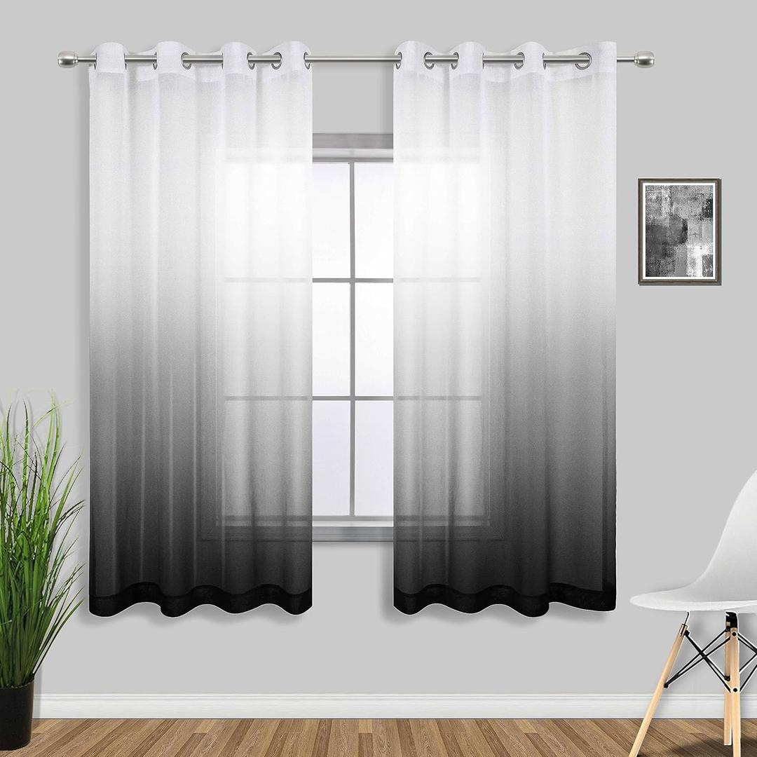 KOUFALL Black Curtains 63 Inch Length for Bedroom 2 Panels Set Cool Grommet Faux Linen Semi Sheer Ombre Short Black Living Room Curtains 2 Panels Set for Office Decor 52x63 Inches Long