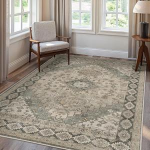 GENIMO Machine Washable 8x10 Area Rugs for Living Room, Non Slip Vintage Rugs, Low Pile Lightweight Chenille Print Rug for Bedroom, Dining Room, Home Office, Oatmeal Gray