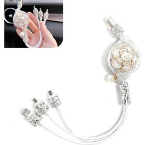 Car Multi-function Cable, 3 in 1 Cigarette Lighter Retractable Charging Cord with 3 Sizes Connectors, Fashion Pearl Flower Decoration, Universal Fast USB Port for Most Devices (White)