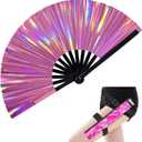 Large Holographic Rave Fan Folding Hand Fans for Line Dancing Portable Handheld Clack Fan with Holster for Festival EDM Party Music Outfit Accessories (13" Pink Suit)