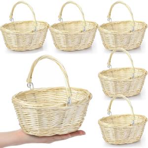 Barydat 6 Pcs Small Wicker Picnic Basket with Handle Flower Girl Baskets Oval Willow Woven Braided Gift Basket for Wedding Baby Shower Christmas Winter Home Garden Decor(9" X 7" X 4",Beige)