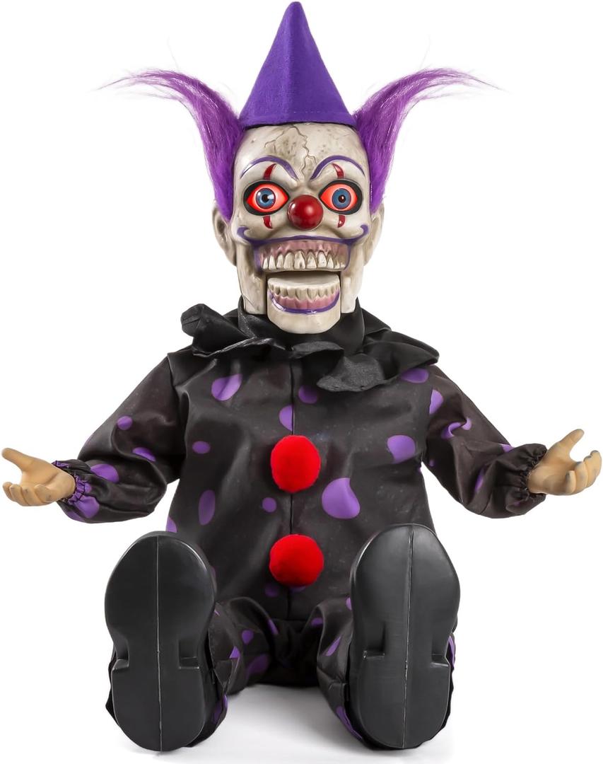 Halloween Animatronics 15" Clown Puppet Doll Animated Decorations with Sound Activated, Creepy Voice, Light Up Eyes, Scary Move, Haunted House Holiday Decor Horror Prop for Indoor, Outdoor, Yard Lawn