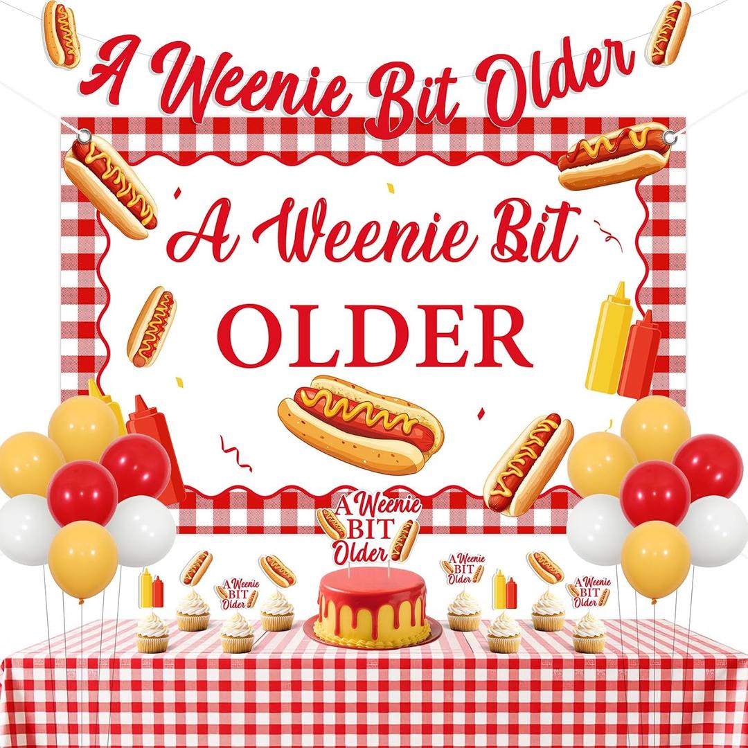 Jollyboom a Weenie Bit Older Birthday Decorations, Hot Dog Decorations Backdrop Banner Cake Cupcake Toppers Balloons Table Cloth for Women Bridal Shower Wedding Retro Bbq Cookout Party