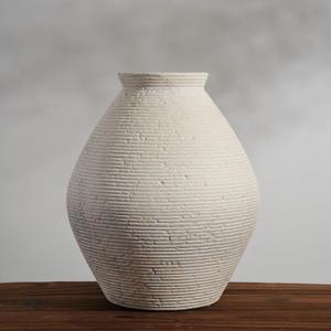 Large White Distressed Ceramic Vase, Rustic Ribbed Textured Floor Vase for Living Room Decor, Handmade Modern Farmhouse Vase for Pampas Grass (Cool-White)