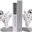 White Book Ends for Kids, Upgraded Astronaut Bookends Resin Spaceman Book Holders for Shelves Sturdy Book Stopper Book Ends to Hold Books Unique Outer Space Book Shelf Ends(F2-Silver Color)