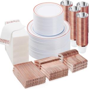 BESTVIP 700PCS Rose Gold Disposable Dinnerware Set for 100 Guests, Plastic Plates for Party, Wedding, Christmas, Include: 200 Plastic Plates, 100 Gold Silverware, 100 Cups, 100 Napkins