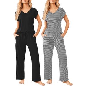 Ekouaer 2 Pack Womens Pajamas Short Sleeve Sleepwear Top with Pants Super-Soft Printed Lounge Sets S-XXL (Large)