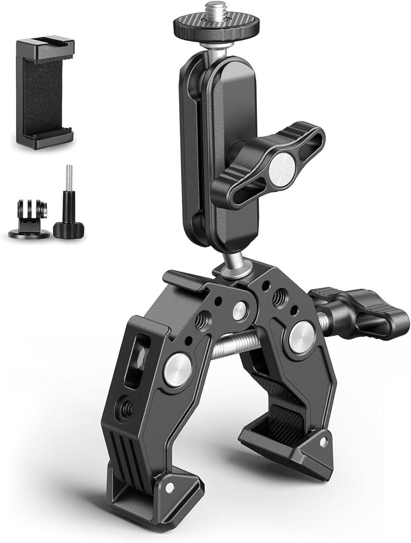 Super Clamp Camera Clamp Mount Monitor 360 Ballhead Magic Arm Double Ball Head Adapter with 1/4"-20 & 3/8"-16 Thread for Canon Nikon DSLR Camera