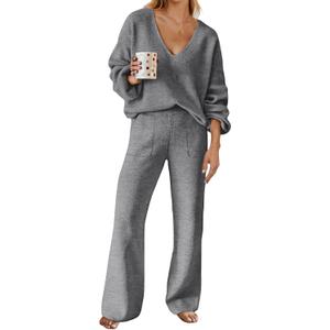 MEROKEETY Women's 2 Piece Outfits Lounge Sets Fall Winter Long Sleeve Knit Sweater Wide Leg Pant Matching Set (Large, Dark Grey)