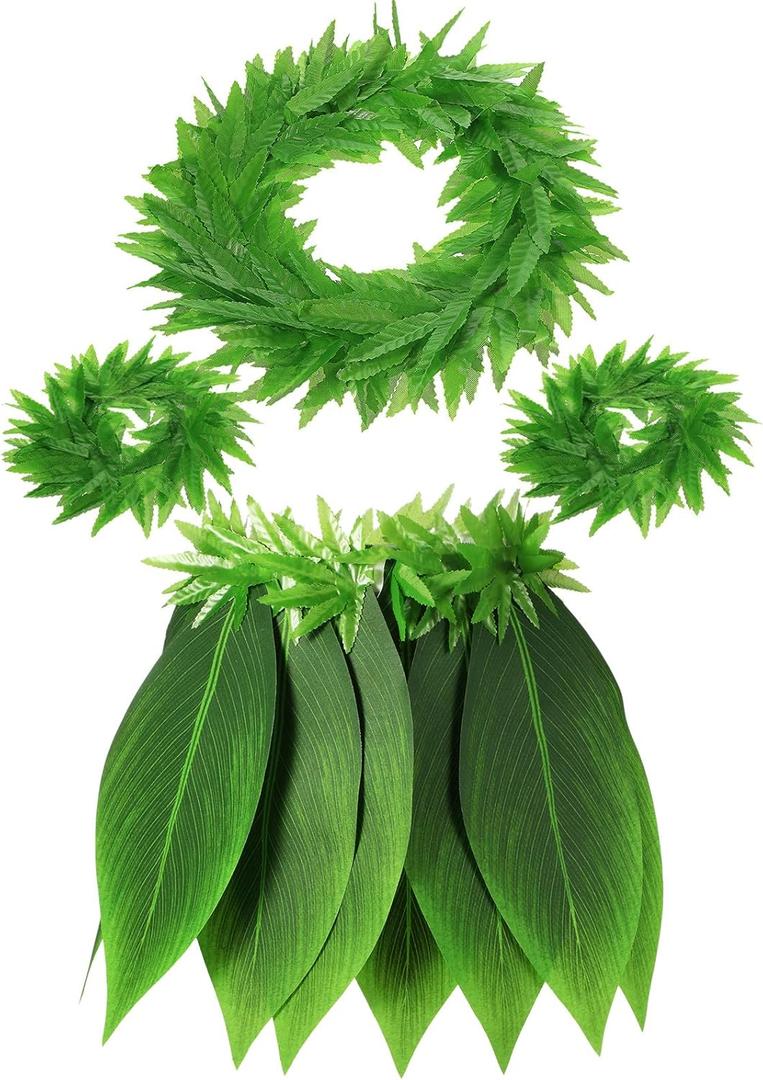 Skylety Hawaiian Leaf Hula Skirt and Leis Set Include Tropical Headband Fern Leaf Wristlet Green Grass Hula Skirt for Hawaiian Costume Halloween Luau Party Supplies for Adult Women