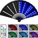 Roowest Rave Party LED Light up Folding Fan for Line Dancing with Remote Control Large Handheld for Party Gift Stage Performance Props Birthday Dance Wedding Night Bar Club(Black)