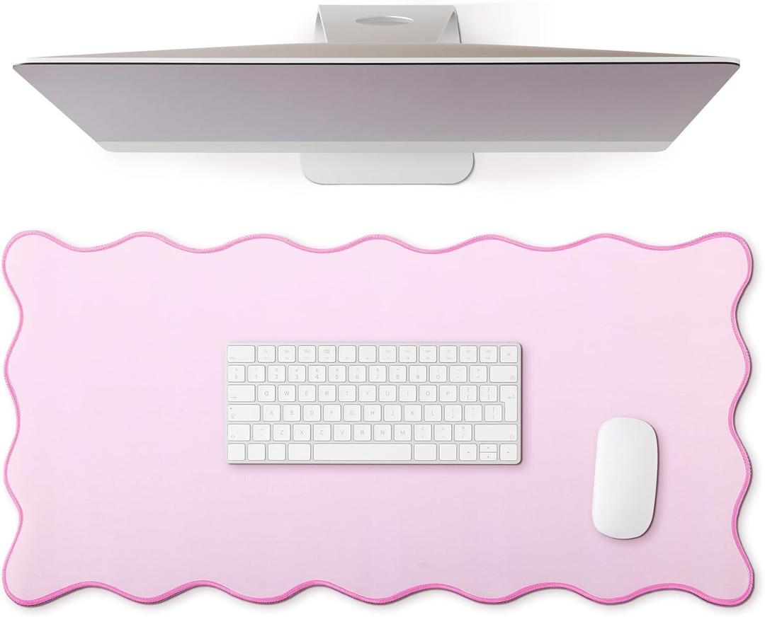Scalloped Desk Mat Large Scalloped Piping Cute Desk Mat Aesthetic Preppy Table Pad Large Nonslip Pad with Edge Stitching Waterproof Gaming(Pink,23.62 x 13.78 Inches)