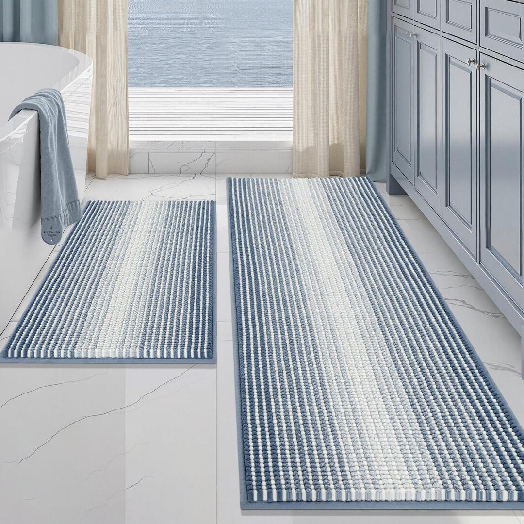 BSICPRO Bathroom Rugs and Mats Sets, 2 Piece Thick Absorbent Chenille Bath Mat Rug Set Non Slip, Soft Shaggy Bath Room Floor Mats for Bathroom, Machine Washable (Fog Blue, 20" x 60" Plus 20" x 32")