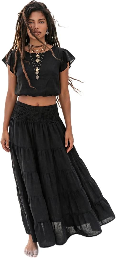 Thaluta Women's Maxi Boho Skirt Moana Flowy Long Cotton Skirt Bohemian Style (Black)