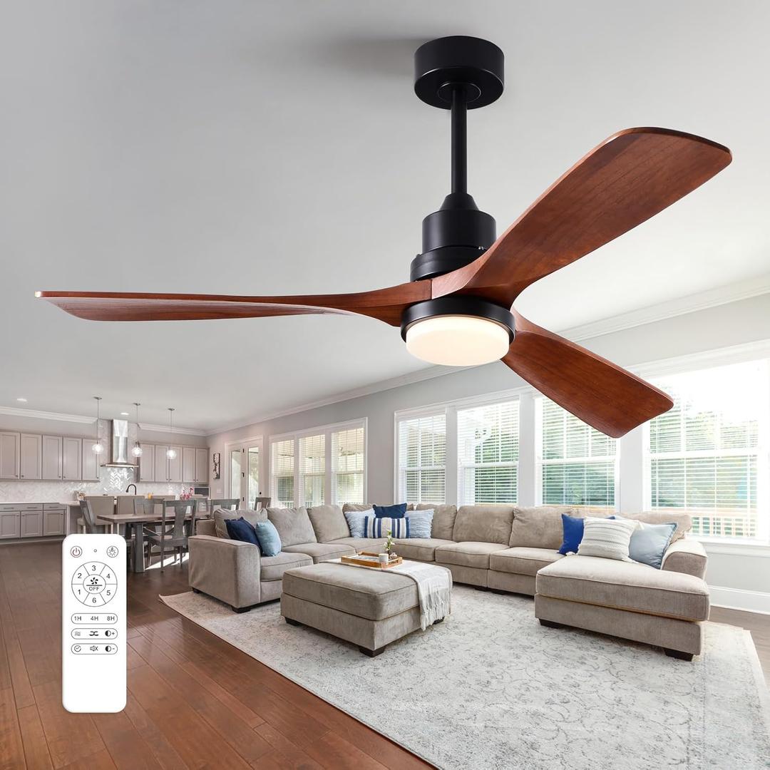 52 Inch Ceiling Fans with Lights and Remote, Quiet Reversible DC Motor and 3 Color Dimmable Light, 3 Blades 6 Speed Wood Ceiling Fan for Farmhouse Living Room Bedroom Dining Room Workroom Study (Black Walnut)