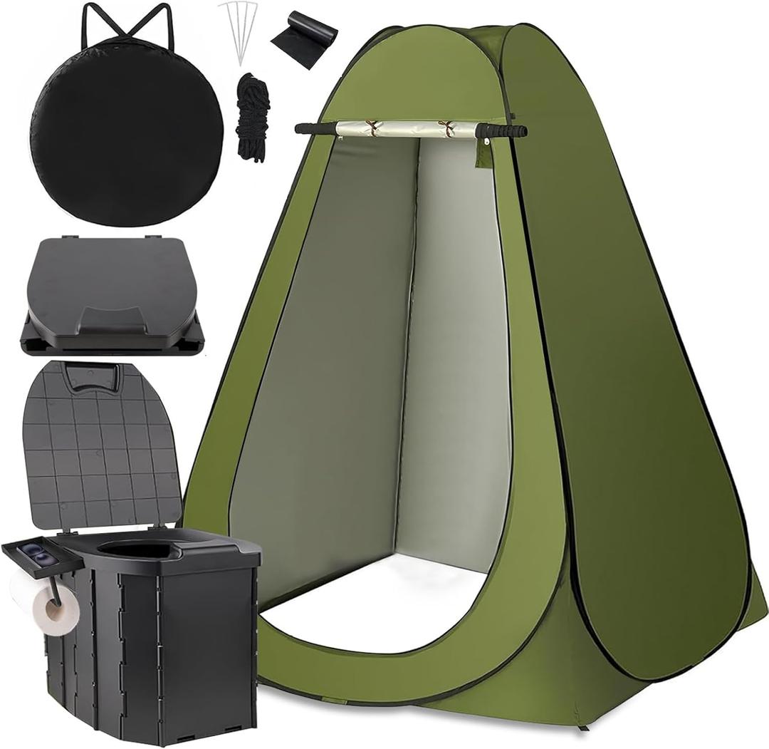 Portable Toilet Kit, Larger Size Portable Camping Toilet with Pop-Up Privacy Tent and Poo Gel Toilet Bags, Width of 4.93 Feet Tent Washable Outdoor Showers Changing Rooms