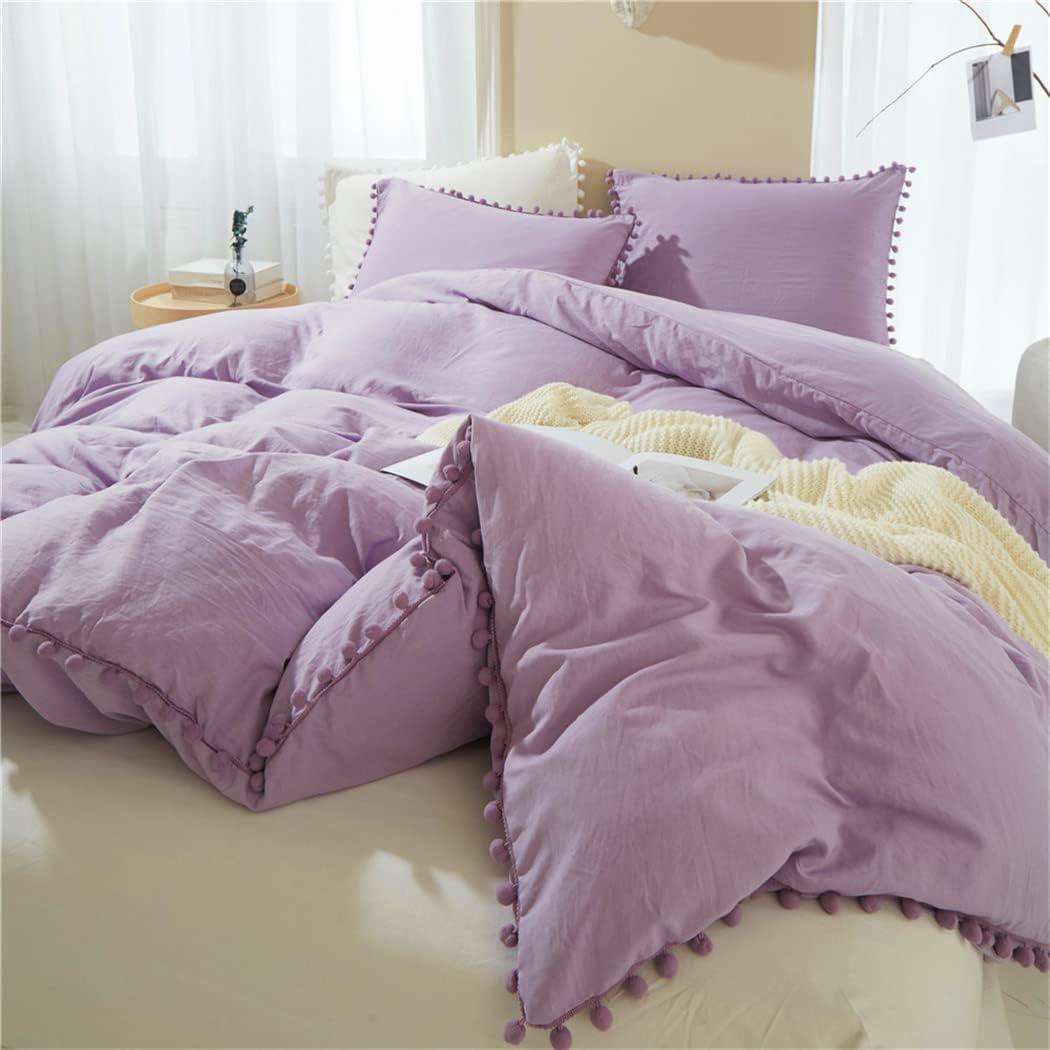 IHOUSTRIY Duvet Cover Full Size,100% Washed Microfiber 3pcs Bedding Duvet Cover Set, Pom Poms Fringe Solid Color Soft and Breathable with Zipper Closure & Corner Ties (Purple, Full)