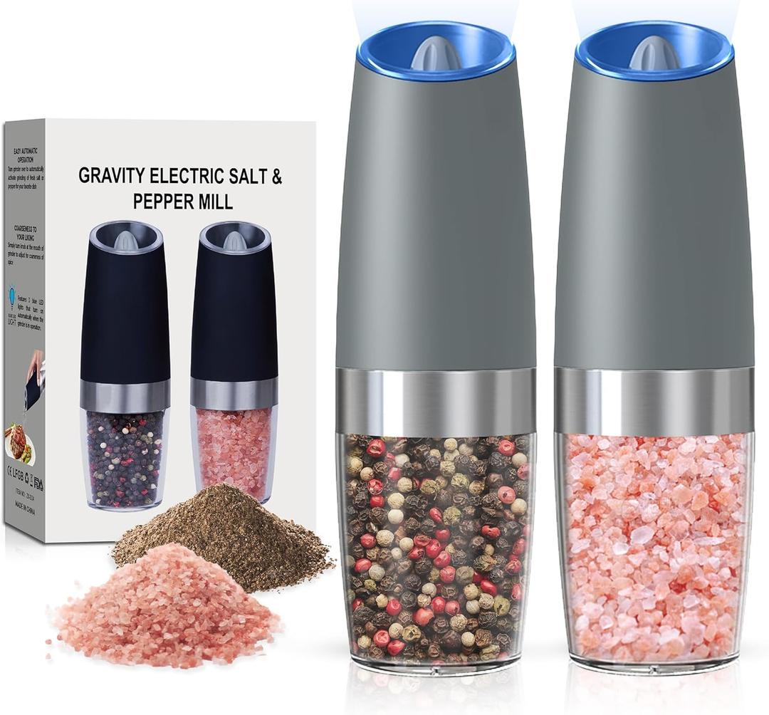Battery Operated Salt And Pepper Grinder Set with LED Light, Automatic Electric Gravity Salt And Pepper Shakers Set, Each 6 AAA Batteries Needed, Adjustable Roughness, 2 Pack (LightGrey)