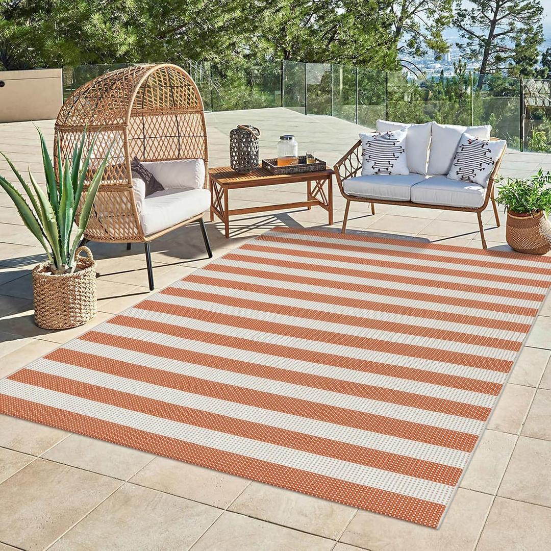 LEEVAN Outdoor Patio Rug 5x7 Striped, Orange and White, Washable, Foldable, Lightweight, Reversible, Machine Washable, Perfect for Patio, Deck, Backyard, Balcony, Beach, Indoor/Outdoor Use