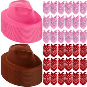 Hillban 72 Pcs Western Cowboy Hat and Paisley Bandana Set for Kids Felt Cowboy Party Hats for Costume Party Favors(Brown, Pink)