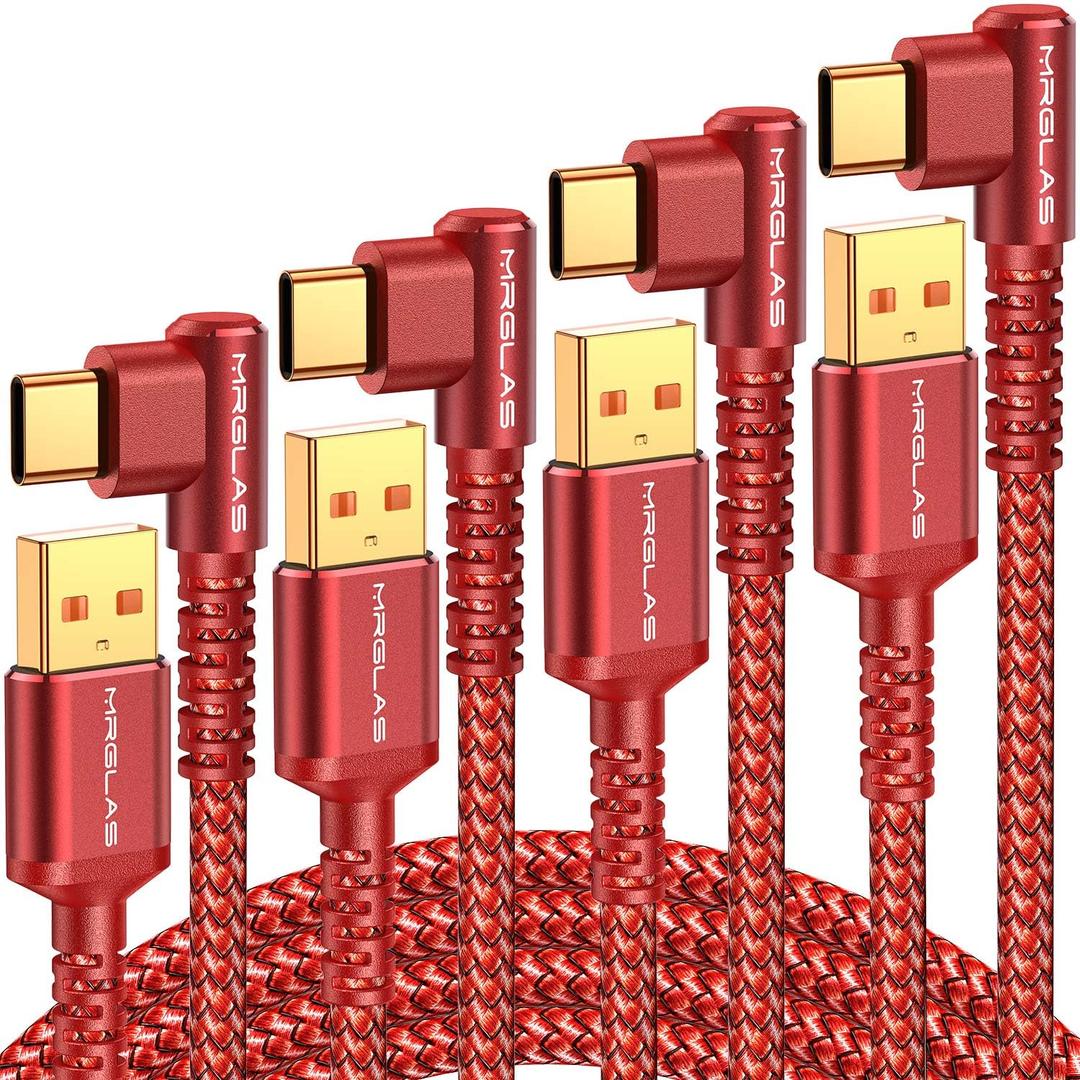 MRGLAS 3.2A USB C Charger Cable,[4-Pack,10+6.6+3.3+1.6FT] USB A to USB C Right Angle Gold-Plated Type C Charger Fast Charging Durable Braided Cord for iPhone 17 16 15 Samsung S10 Note 10 S21 LG-Red